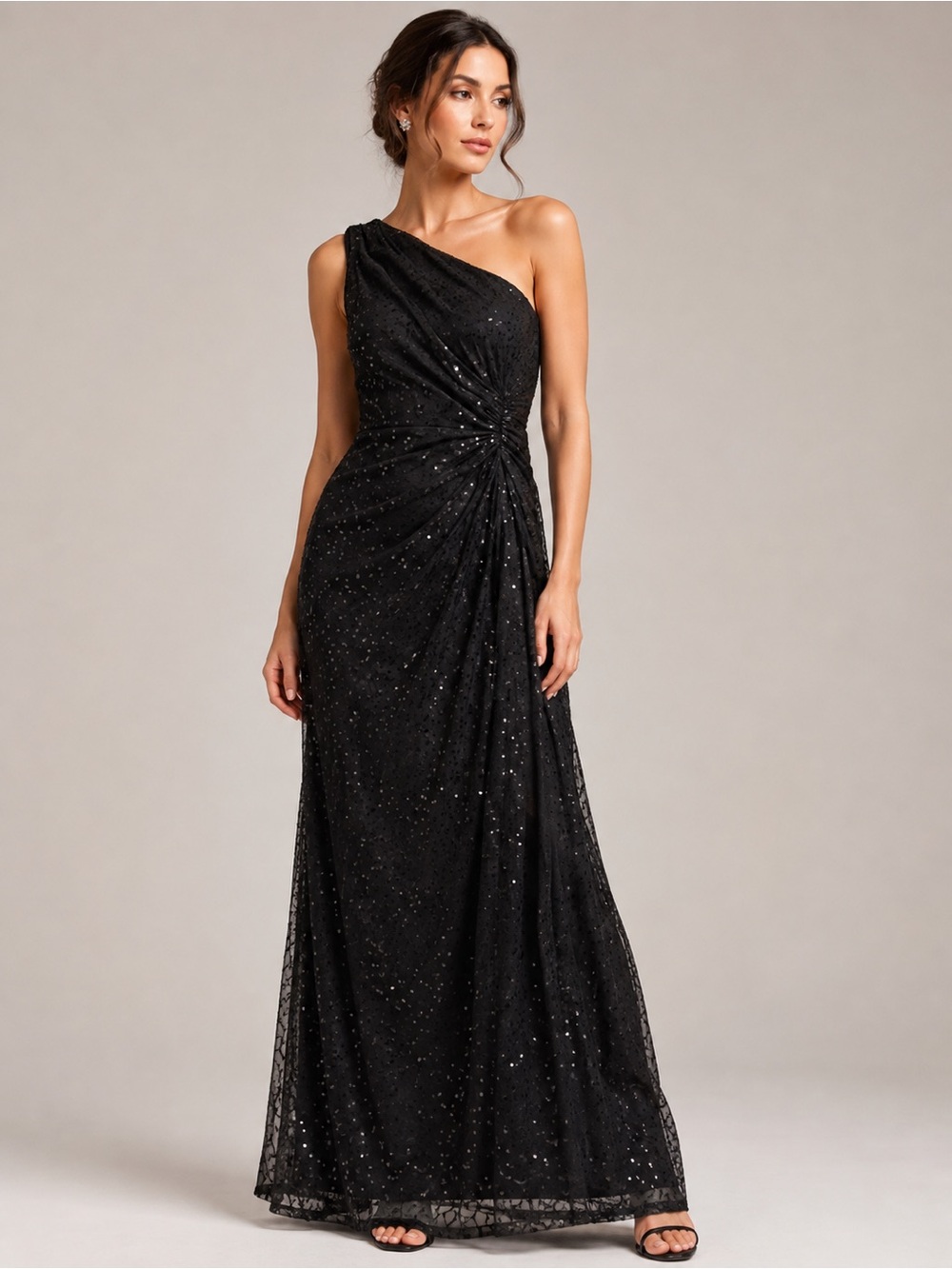 Tadashi Shoji Black Sequin One-Shoulder Ruched Evening Gown Dress XL